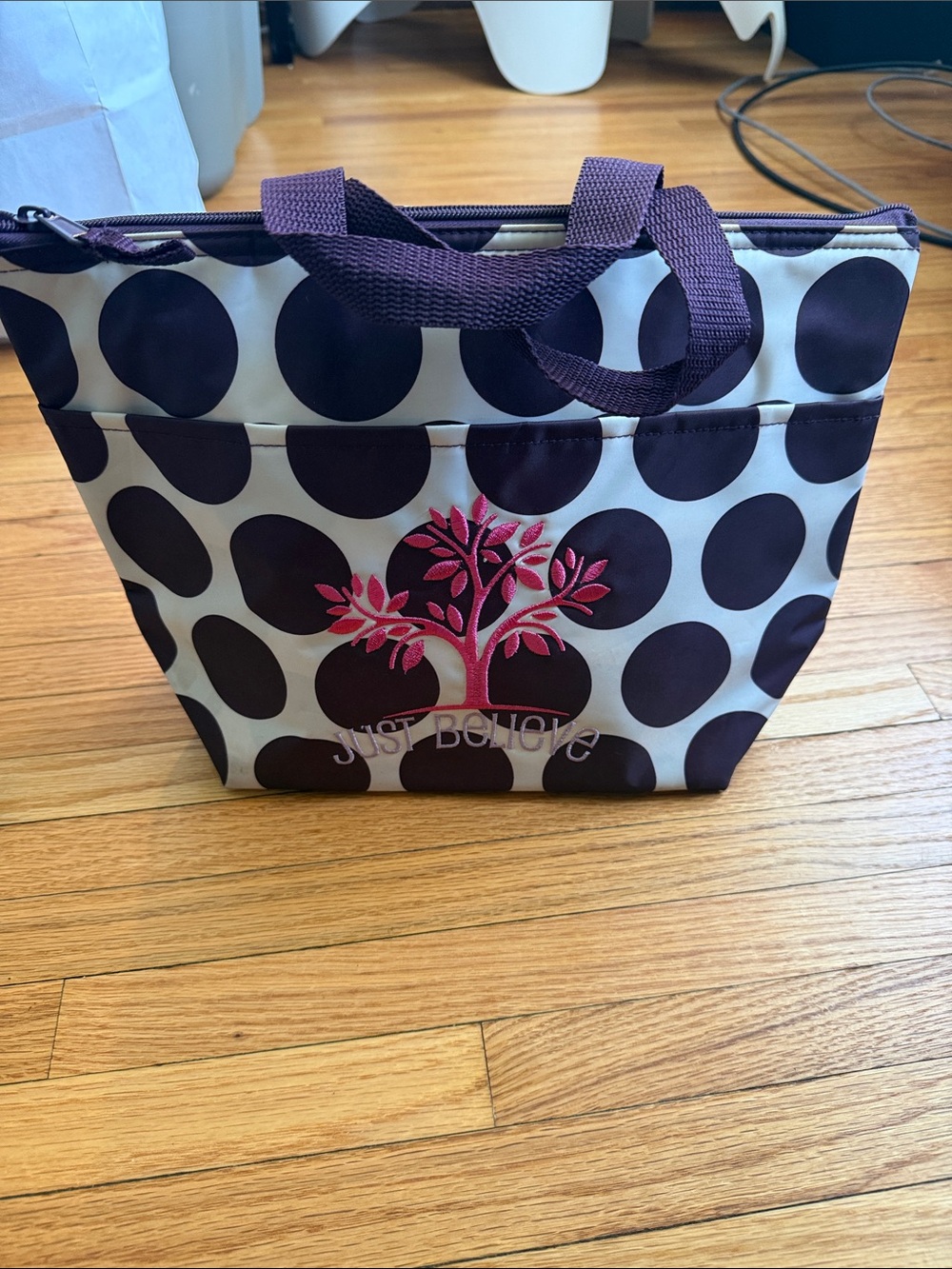 thirty-one Polka Dot Insulated Lunch Tote in Purple, White with Pink Tree Accent